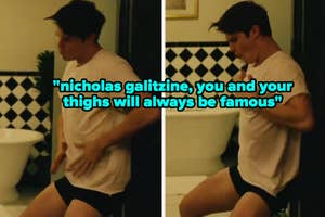 Nicholas Galitzine in a bathroom scene with meme text praising his thighs