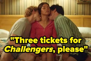 Meme with text "Three tickets for Challengers, please" depicting three people in an intimate pose on a couch