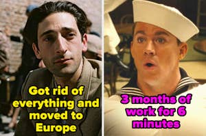 Side-by-side stills of Adrien Brody in period attire and Channing Tatum in a sailor outfit