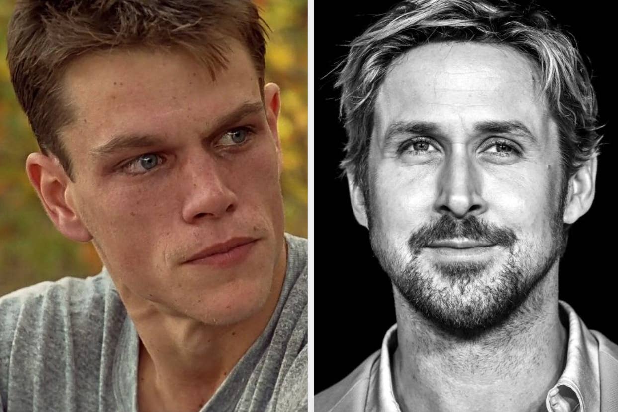 Side-by-side portraits of actors Matt Damon and Ryan Gosling