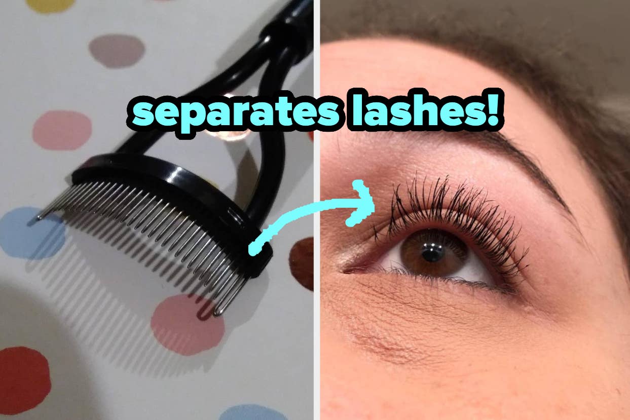 eyelash comb and reviewer's lashes after using it