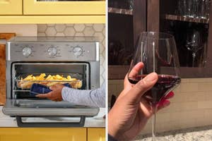 left: 7-in-1 toaster oven with fries, right: reviewer holding wineglass