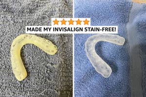 reviewer's retainer yellow and full of gunk / after tablets, same retainer is clear and clean