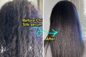 Jordan Grigsby's hair before using Chi Silk serum and then after