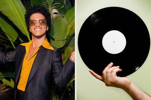 On the left, Bruno Mars, and on the right, someone holding a vinyl record