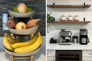 left: tiered fruit basket, right: wood floating shelves above kitchen counter with coffee machines