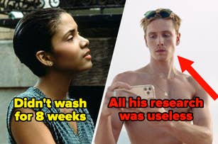 Two split images: left, woman gazing up; right, shirtless man reacting to phone. Text overlays with humorous comments on their situations