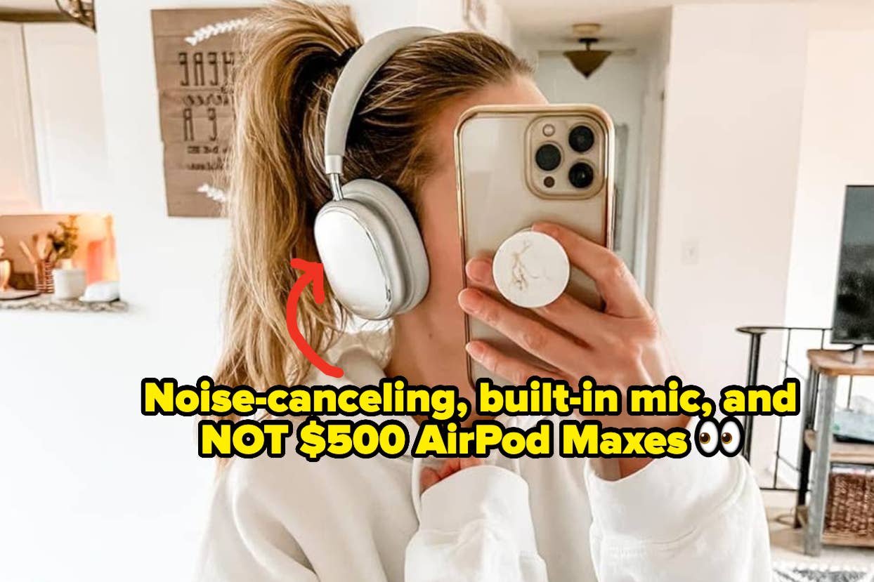 Person holding phone with text comparing budget-friendly noise-canceling headphones to pricier brand