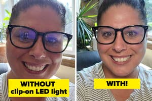 Comparison of a woman's face with and without a clip-on LED light accessory