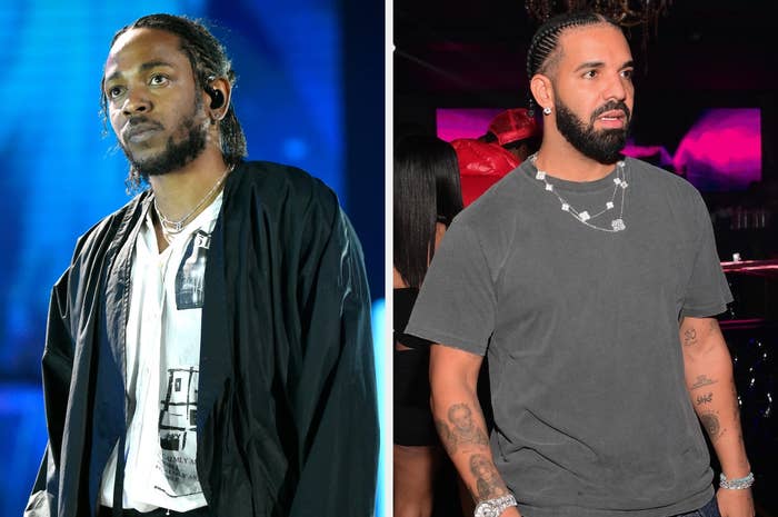Kendrick Lamar in a layered outfit and French Montana in a casual tee at a music event