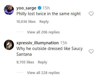 Two social media comments, one referencing a loss for Philly, the other comparing someone&#x27;s outfit to Saucy Santana&#x27;s style