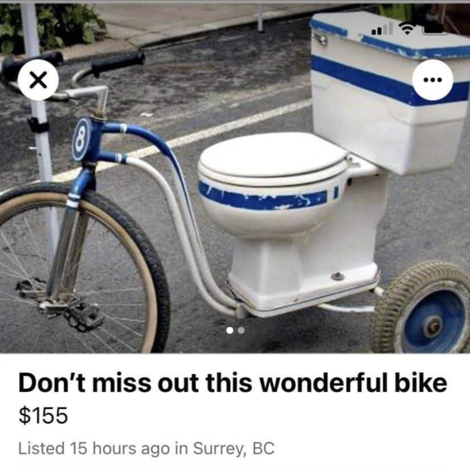 Custom bike designed to resemble a toilet, complete with a bowl and tank, listed for sale