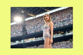 Taylor Swift in a glittery outfit performing at a stadium with a crowd in the background