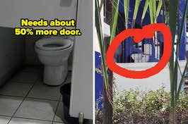A half-size bathroom door exposes a toilet, with text joking about needing a larger door for privacy