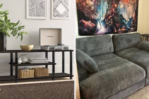 Left: A shelving unit with a record player. Right: gray corduroy couch