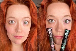 Post author holding brown and black mascara near her eyes for comparison in before and after photos