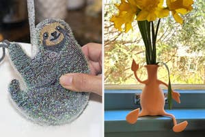 a sloth kitchen scrubber and a flexible flower vase