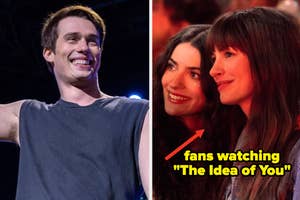 Nicholas Galitzine on stage, Ellie Rubin and Anne Hathaway standing by each other in The Idea Of You. Text: "fans watching "The Idea of You"