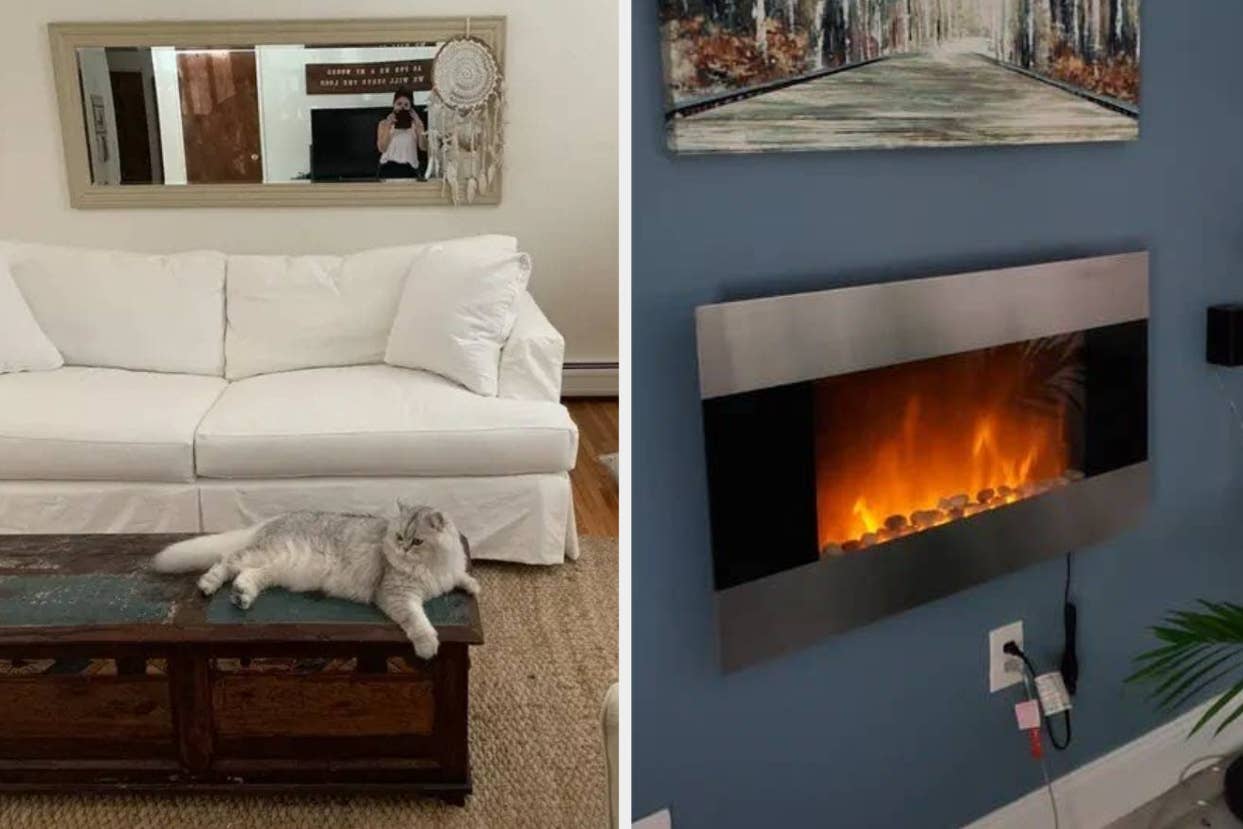 White down-filled couch, wall-mounted electric fireplace