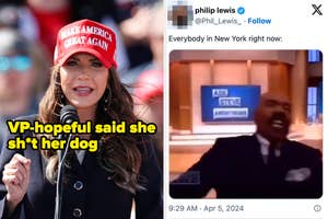A woman in a "Make America Great Again" hat speaks at a podium. Side image: Tweet reacts to event with a blurry man laughing