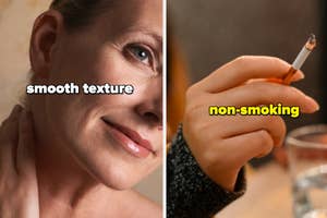 Split image: Left- close-up of a woman touching her cheek, right- hand holding a cigarette with 'non-smoking' text