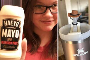 mayo hair mask and cowboy hat straw cover