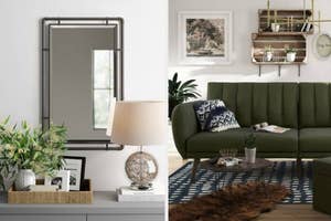 square wall mirror above living room table, dark green convertible sofa