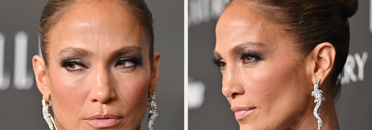 Jennifer Lopez at an event wearing a metallic outfit with dangling earrings vs Jennifer Lopez's side profile
