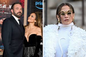 Ben Affleck poses while Jennifer Lopez gazes up at him vs Jennifer Lopez posing in sunglasses