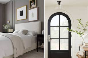 Two interior scenes showcasing a bedroom with a bed and framed pictures, and an entryway with an arched door and a side table with plants