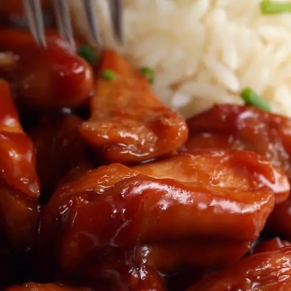 Close-up of glazed pork belly with rice and cabbage