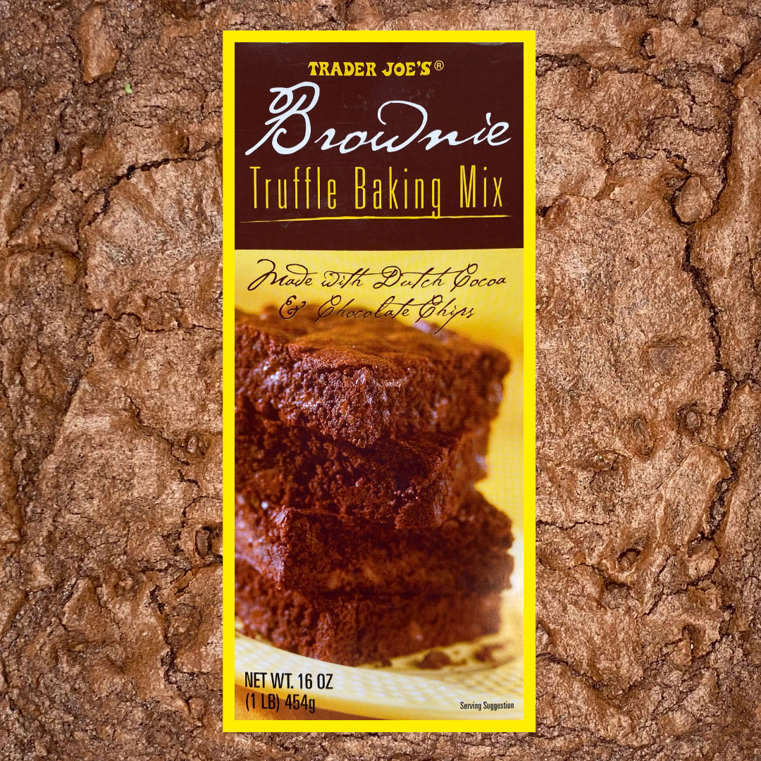 Package of Trader Joe&#x27;s Brownie Truffle Baking Mix overlayed over a brownie image