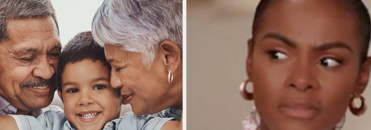 Grandparents with grandchild smiling; woman looking skeptical with quote on parenting