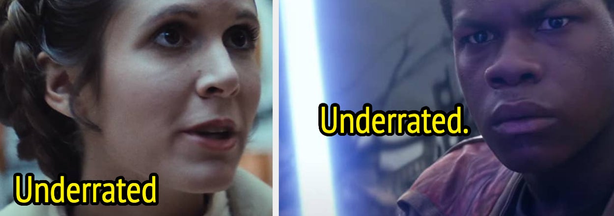 Two side-by-side shots of Princess Leia and Finn from Star Wars