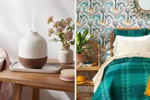 Two images side by side; left: a humidifier on a table with decor, right: leaf and deer patterned peel-and-stick wallpaper on the right