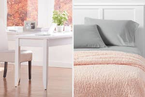 white desk on the left, fluffy pink blanket on bed on the right