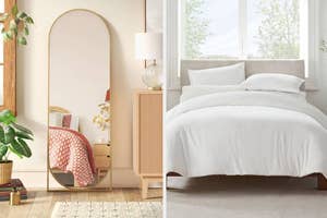 Bedroom on left with gold-tone full-length mirror and plant, bedroom on right with a neatly made bed and window