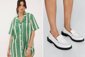 Woman in a casual striped shirt-dress; Close-up of white loafers with chunky soles
