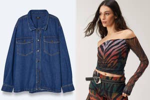 Denim shirt on left. Woman in patterned off-shoulder top and belted pants on right