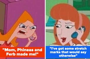 Two panels with characters Candace from "Phineas and Ferb" angry in the first and talking on the phone in the second