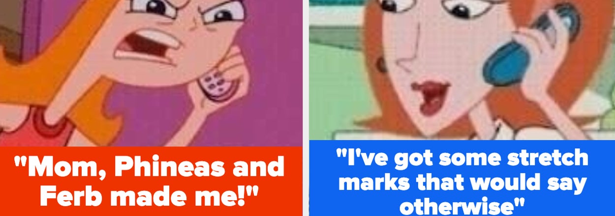 Two panels with characters Candace from "Phineas and Ferb" angry in the first and talking on the phone in the second