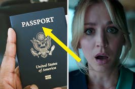 A split image with a hand holding a US passport and a concerned Kaley Cuoco looking surprised