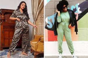 on left: model wearing short sleeve leopard-print pajama set, on right: reviewer wearing matching green top and pants loungewear set