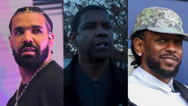 Three separate images: first, Drake in a necklace; second, Denzel Washington outdoors; third, Kendrick Lamar in a patterned hat