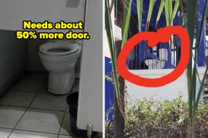A half-size bathroom door exposes a toilet, with text joking about needing a larger door for privacy