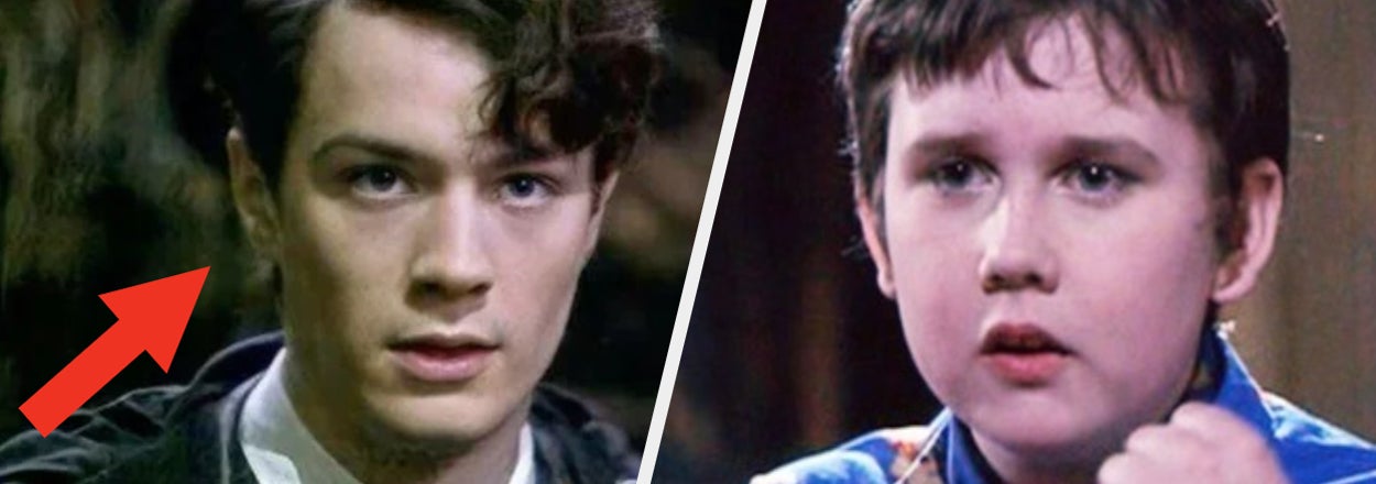 Two side-by-side scenes from Harry Potter, with young Sirius Black and Neville Longbottom, each with trivia questions