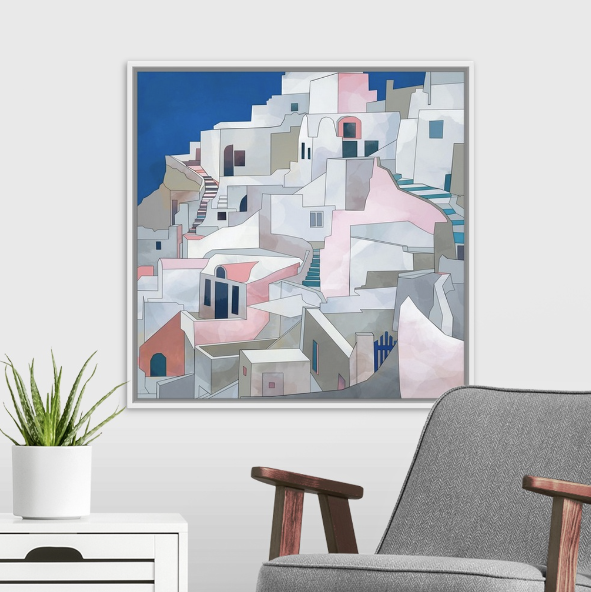 Abstract painting of geometric village scene on wall, modern furniture in foreground for home decor inspiration