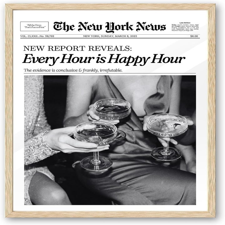 News article cover with headline "Every Report Is Happy" featuring a person holding three stem glasses