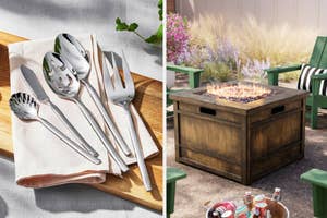 Flatware set on a napkin and a patio firepit table with seating in an outdoor setting