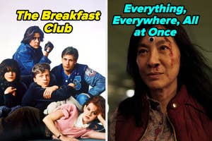 Split image: Left, "The Breakfast Club" characters seated. Right, quote "Everything, Everywhere, All at Once" over woman's face